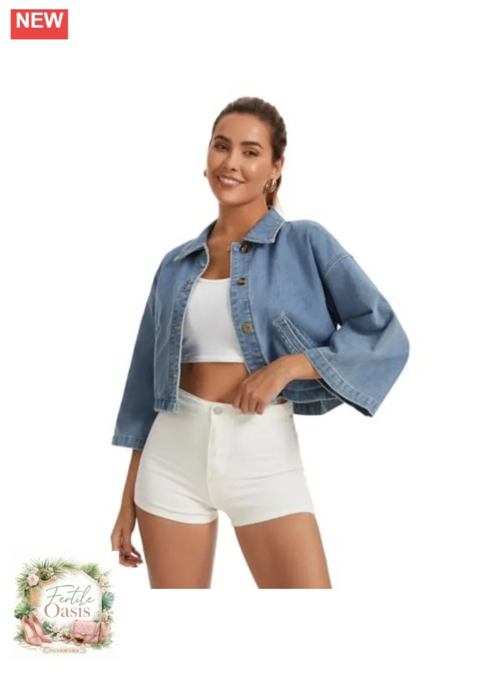 Womens Denim Jacket 3/4 Sleeve Casual Button Down Crop Jean Shirt